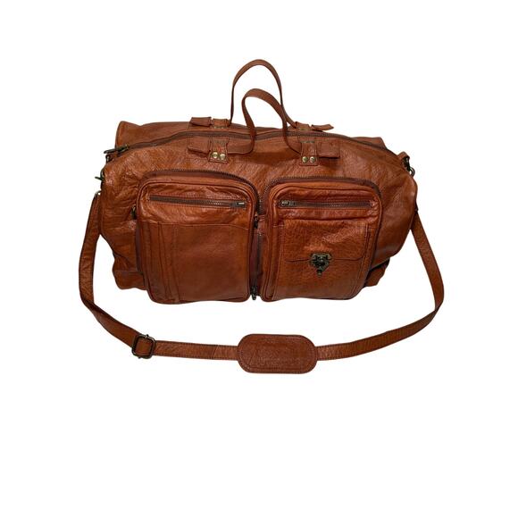 Free People Cognac Leather Duffle Bag Weekender Boho Rustic Travel Overnight - Picture 9 of 9